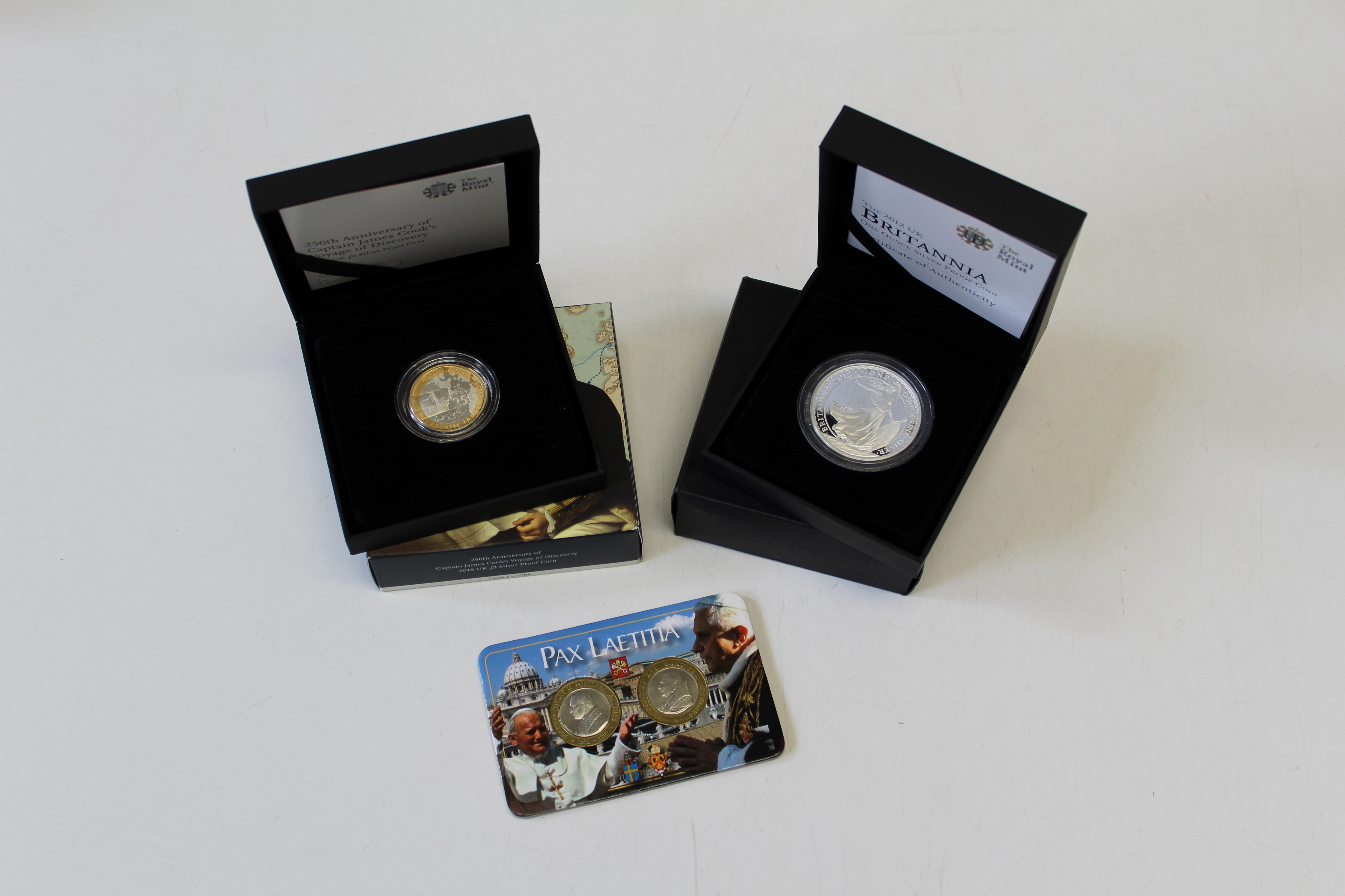 2018 UK £2 silver proof coin Captain James Cook voyage of Discovery plus two Vatican commemorative