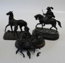 A pair of spelter figures of mounted cavaliers, together with a resin Marly Horse (A/F) (3)