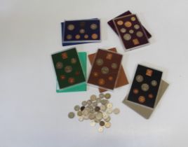 Packs of UK Proof coins Dates 1976 1980 1982 1974 1975 plus a bag of foreign coins