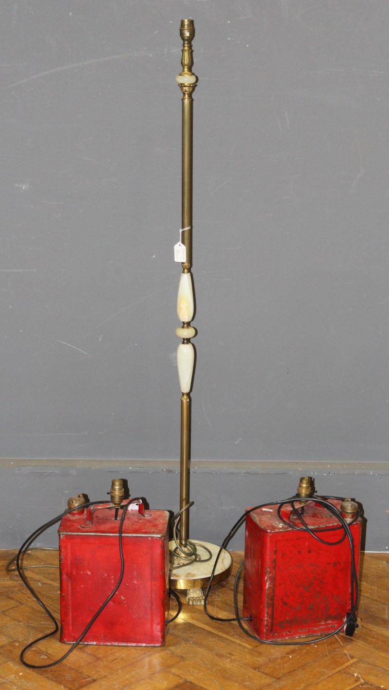 Two mid 20th century petrol cans converted as table lamps, together with a brass and onyx standard