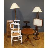 A group of small furniture including two standard lamps, a pair of white painted cane seat chairs,