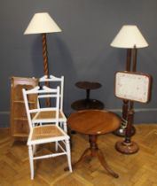 A group of small furniture including two standard lamps, a pair of white painted cane seat chairs,
