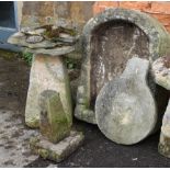 A large stone garden basin, together with a staddle stone base, another smaller, a square stone