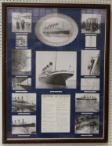 Aframed group of reproduced photographs and history of events of the sinking of The Titanic, 85 x