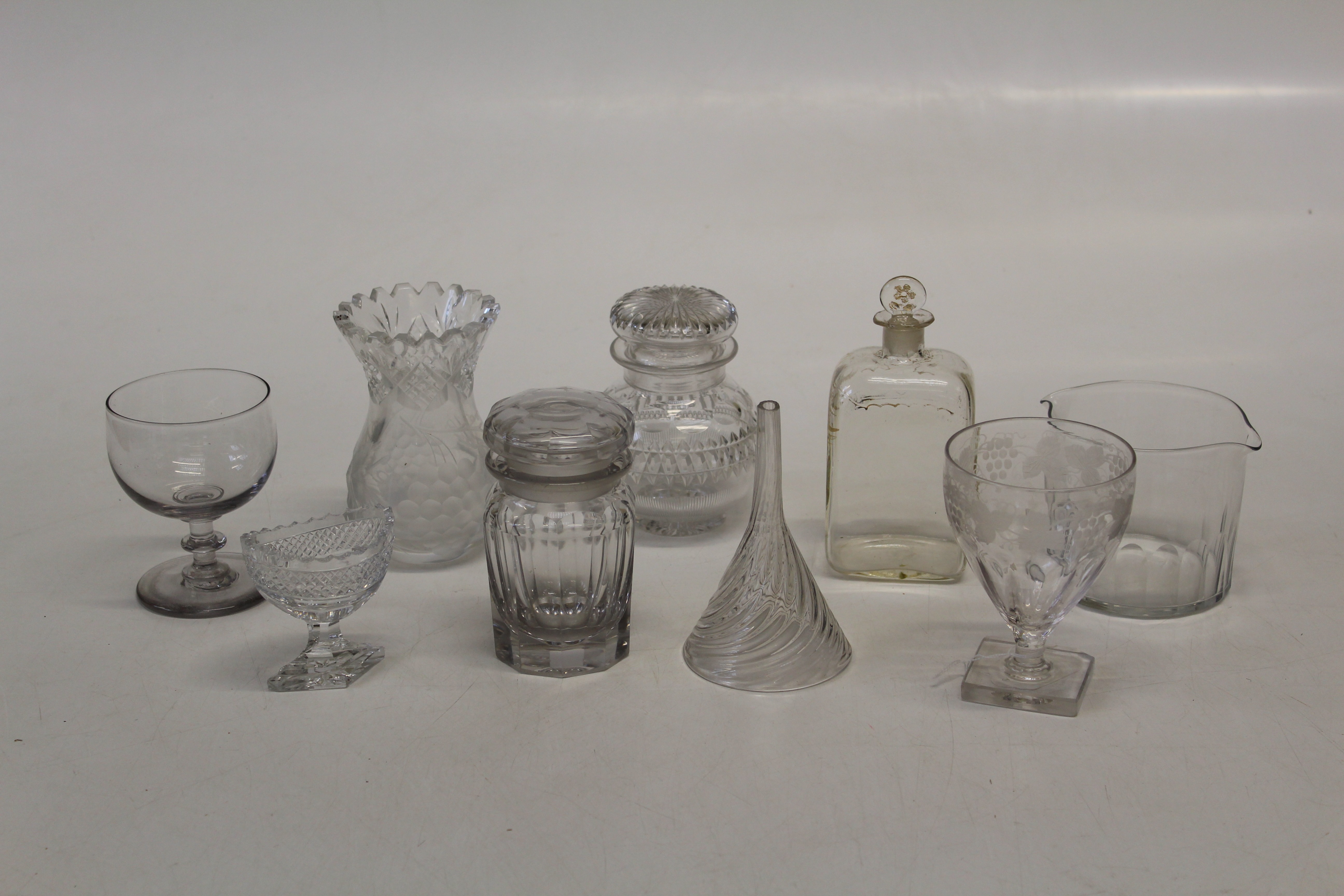 A small group of early 19th century and other glass, including a twin lip rinser, hobnail cut