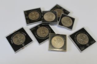 Five commemorative crowns in Natwest plastic sleeves plus three five shilling commemorative crowns