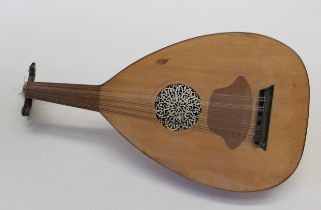 A 20th century Turkish ten-string oud, with banded body, 65cm