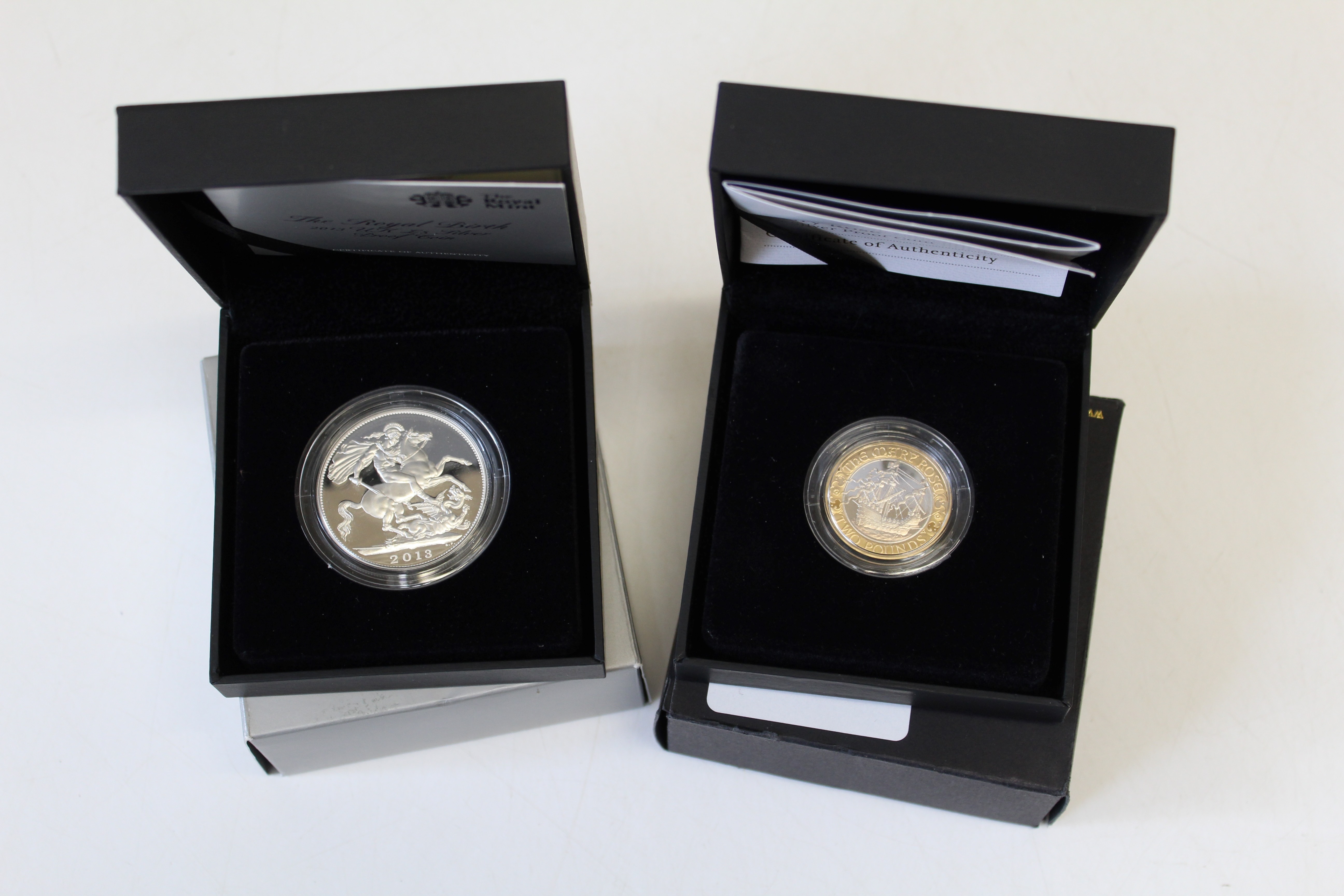 2013 The Royal birth UK £5 silver proof coin 2011 £2 Mary Rose silver proof coin