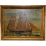 Late 19th century Naive School, a two masted clipper ' Autumn' with figures on deck. Oil on board,