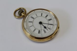 An 18ct gold keyless wind pocket watch with chronograph and stop watch function, with white dial