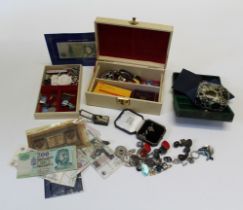 A collection of bijouterie, coins and bank notes. To include costume jewellery, Soviet pin badges, a