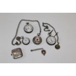 A collection of sterling silver pocket watches, four in total, together with a silver vesta case and