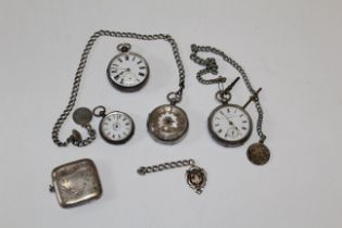 A collection of sterling silver pocket watches, four in total, together with a silver vesta case and