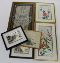 A collection of Chinese embroideries, to include a large example with an ivory central field
