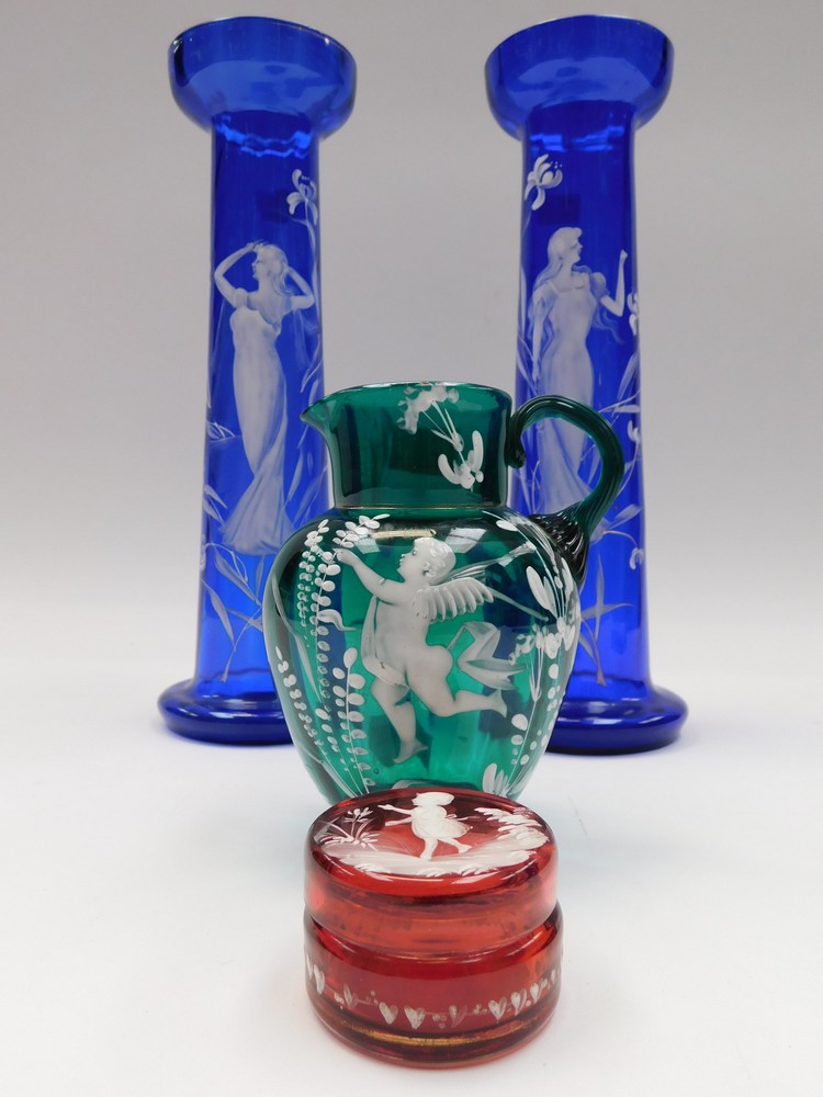 A pair of late 19th/early 20th century Mary Gregory style 'Bristol' blue enamelled vases, together