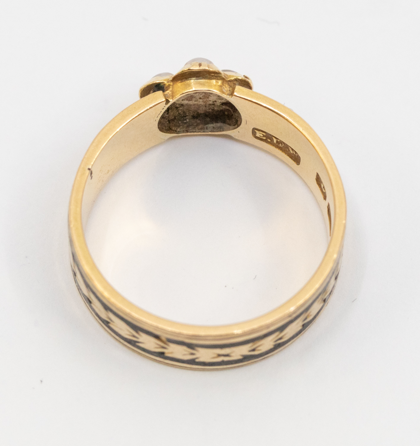 An enamel and seed pearl ring, with daisy pearl and diamond set motif to the front, the band with - Image 2 of 3