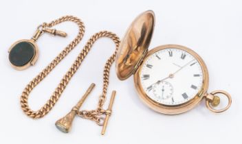 A Waltham 9ct rose gold hunter pocket watch, comprising a signed  white enamel dial, numeral