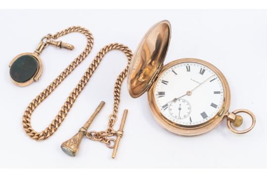 A Waltham 9ct rose gold hunter pocket watch, comprising a signed  white enamel dial, numeral - Image 1 of 2