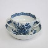 A Worcester twin handled Chocolate Cup and Stand. Blue & White transfer printed with the 'Three