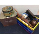 A mixed lot of metalware and other items to include; two copper kettles, ladle, candle holder,