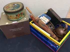 A mixed lot of metalware and other items to include; two copper kettles, ladle, candle holder,