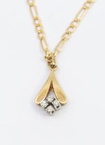 A diamond and 9ct gold pendant, comprising four small diamonds to a gold V detail, length approx