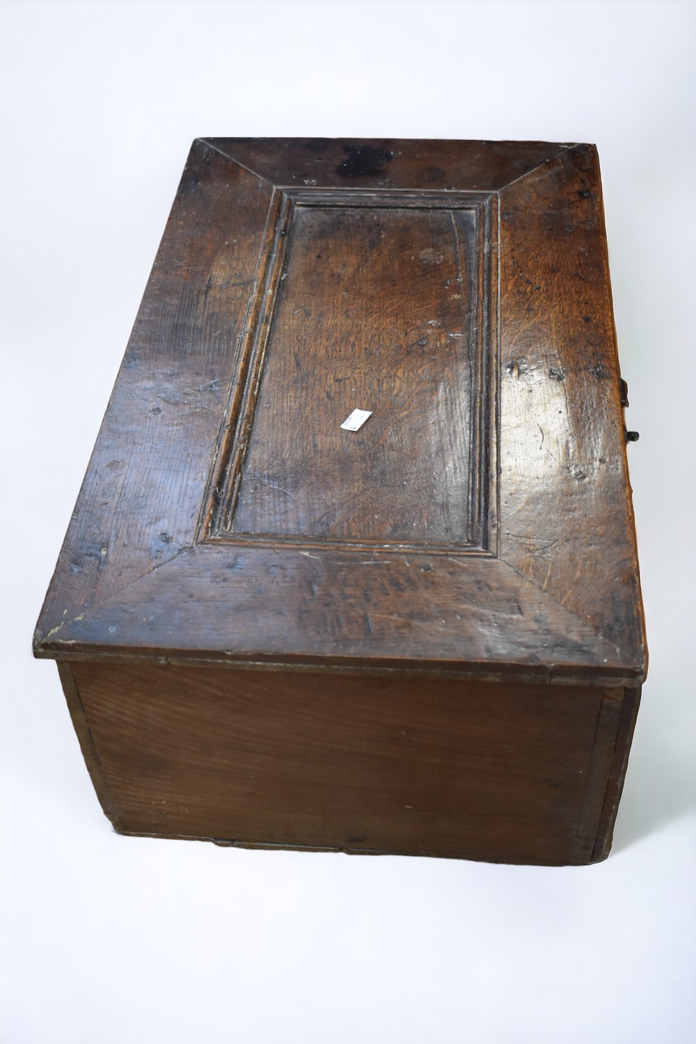 A small 17th Century solid English oak coffer/bible box, with carved front, internal candle box, - Image 3 of 3
