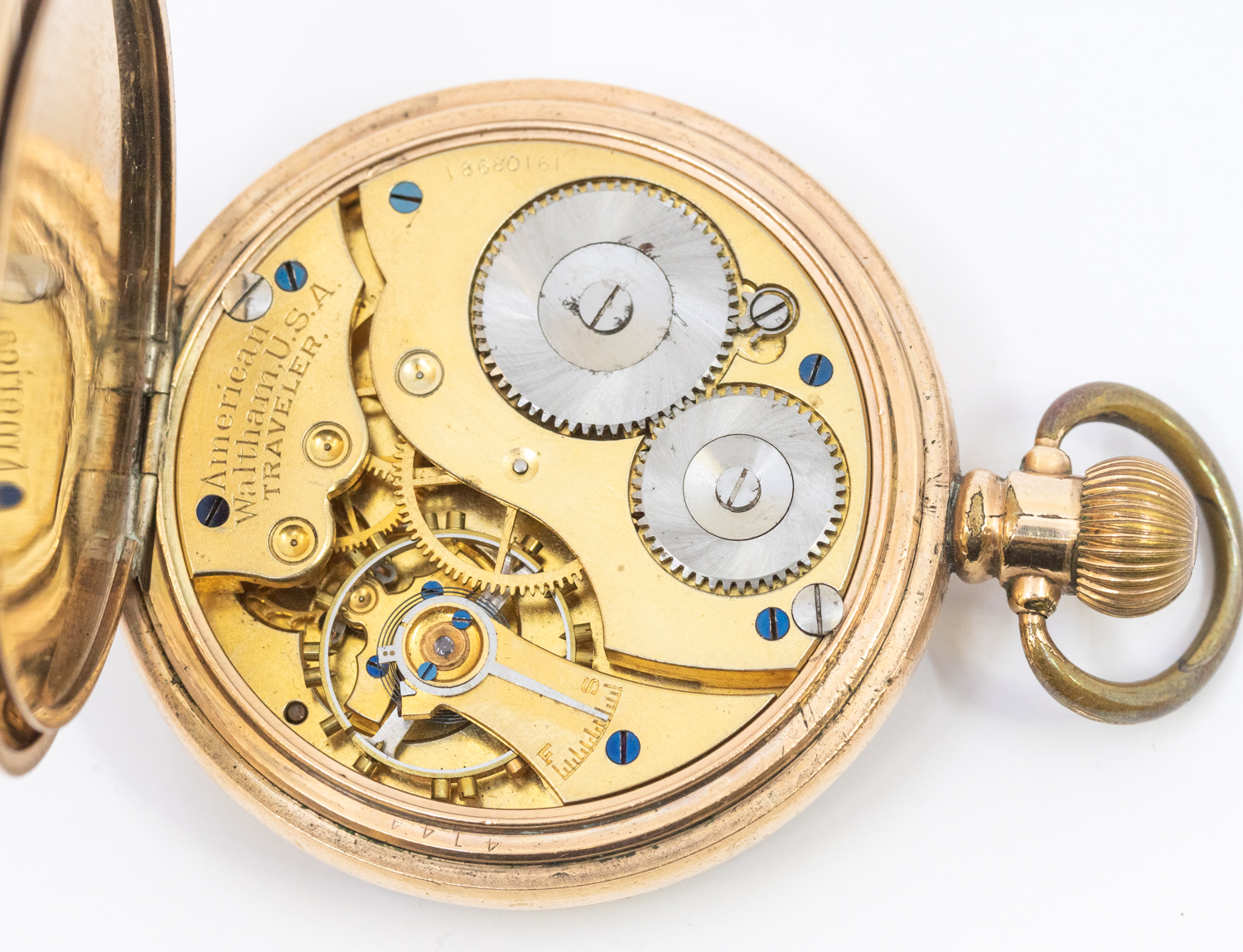 A Waltham USA gold plated open faced pocket watch, comprising a white enamel signed dial with - Image 2 of 2