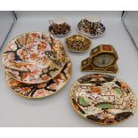 A boxed Royal Crown Derby Imari 1128 clock, together with other Derby items, including cup and