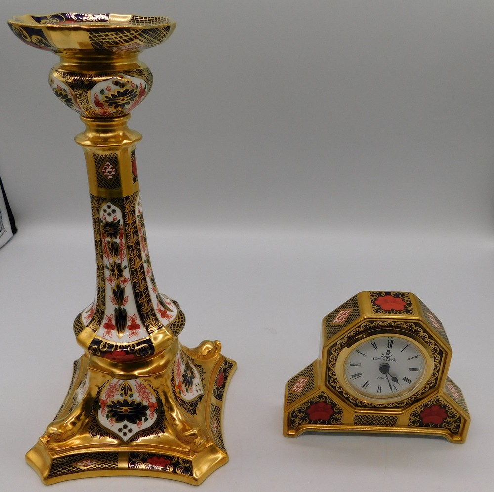 A Royal Crown Derby 1128 Imari tall candlestick, 1st quality along with a 2nd quality Imari mantle