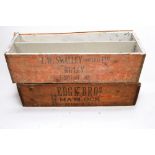 Two mid 20th century wooden Fyffes banana boxes bearing merchant details, wax treated. 91cm long x