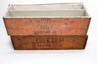 Two mid 20th century wooden Fyffes banana boxes bearing merchant details, wax treated. 91cm long x