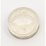 A George III silver circular patch box and cover, engraved with oval decorative motif, hallmarked by