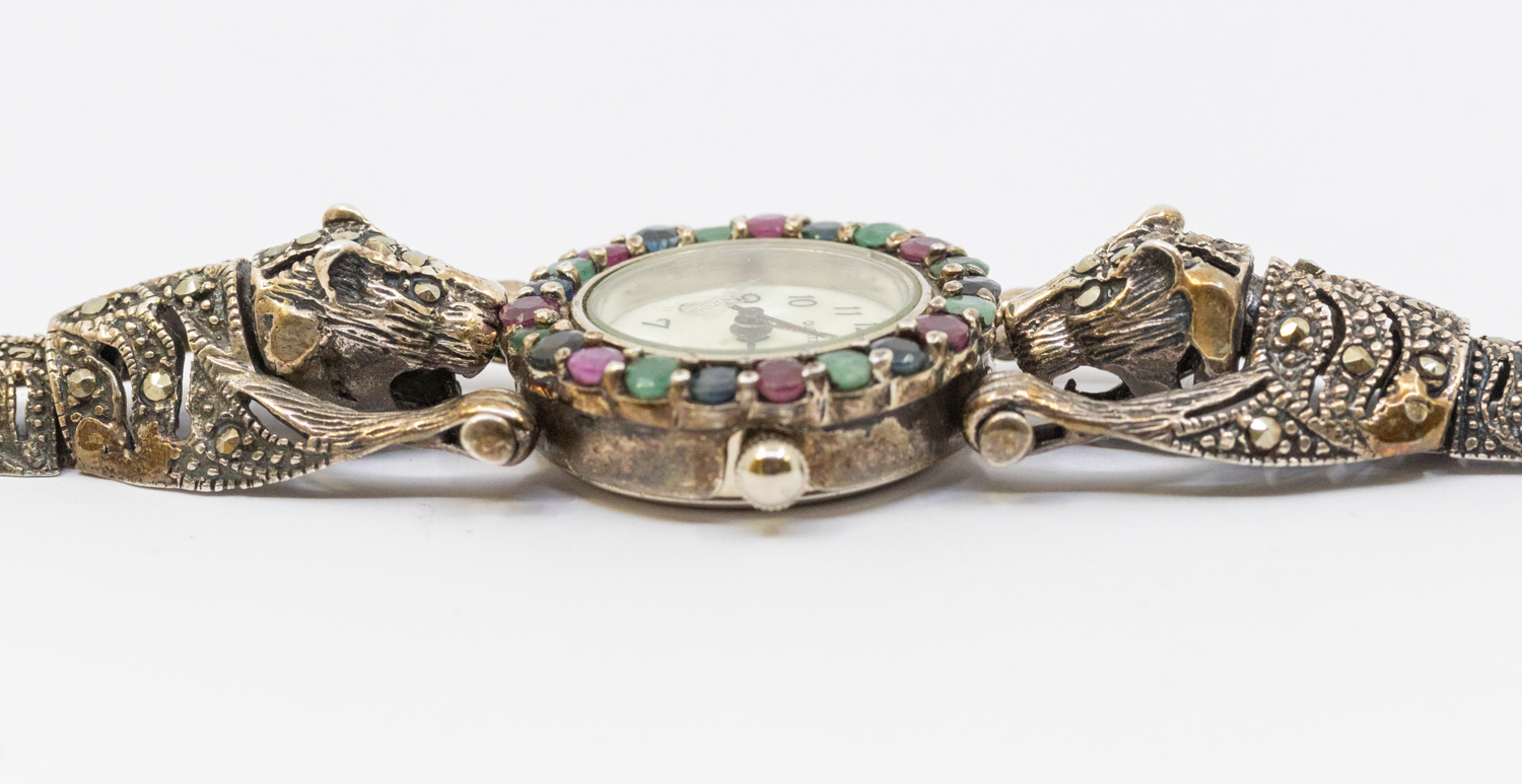 A ladies silver 925 gem set wristwatch, comprising a pearlized dial with arabic markers, the bezel - Image 3 of 4