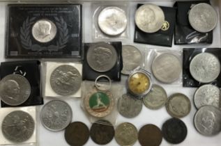 Collection of coins, with two Pre 47 Halfcrowns, 835 marked ring, Commemorative Crowns, American