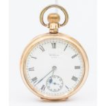 A Waltham USA gold plated open faced pocket watch, comprising a white enamel signed dial with