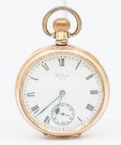 A Waltham USA gold plated open faced pocket watch, comprising a white enamel signed dial with
