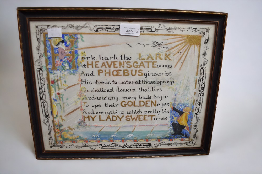 A 12th Century reproduction framed parchment along with a hand painted early 20th Century poem, Arts