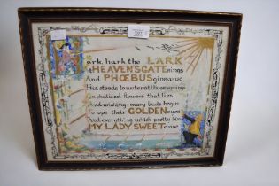 A 12th Century reproduction framed parchment along with a hand painted early 20th Century poem, Arts