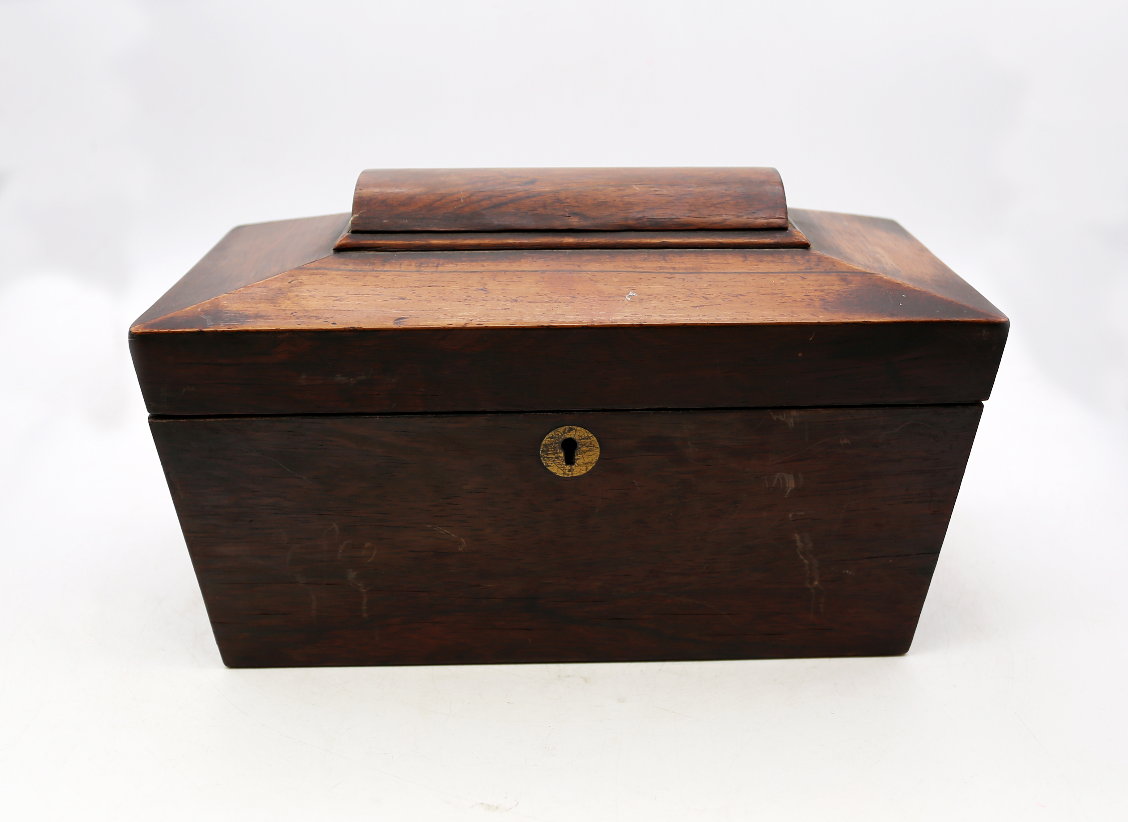 Mid 19th Century mahogany tea caddy with glass, AF.