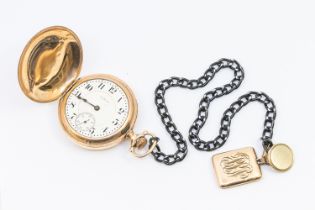 An Elgin gold plated hunter pocket watch, comprising a signed white dial with Arabic markers,