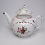A Lowestoft polychrome tea pot and cover painted with flowers in arabesque panels, Circa 1775, Size;
