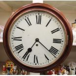 A late 19th Century round mahogany wall clock, painted dial with Roman numerals, 38cm diameter, no