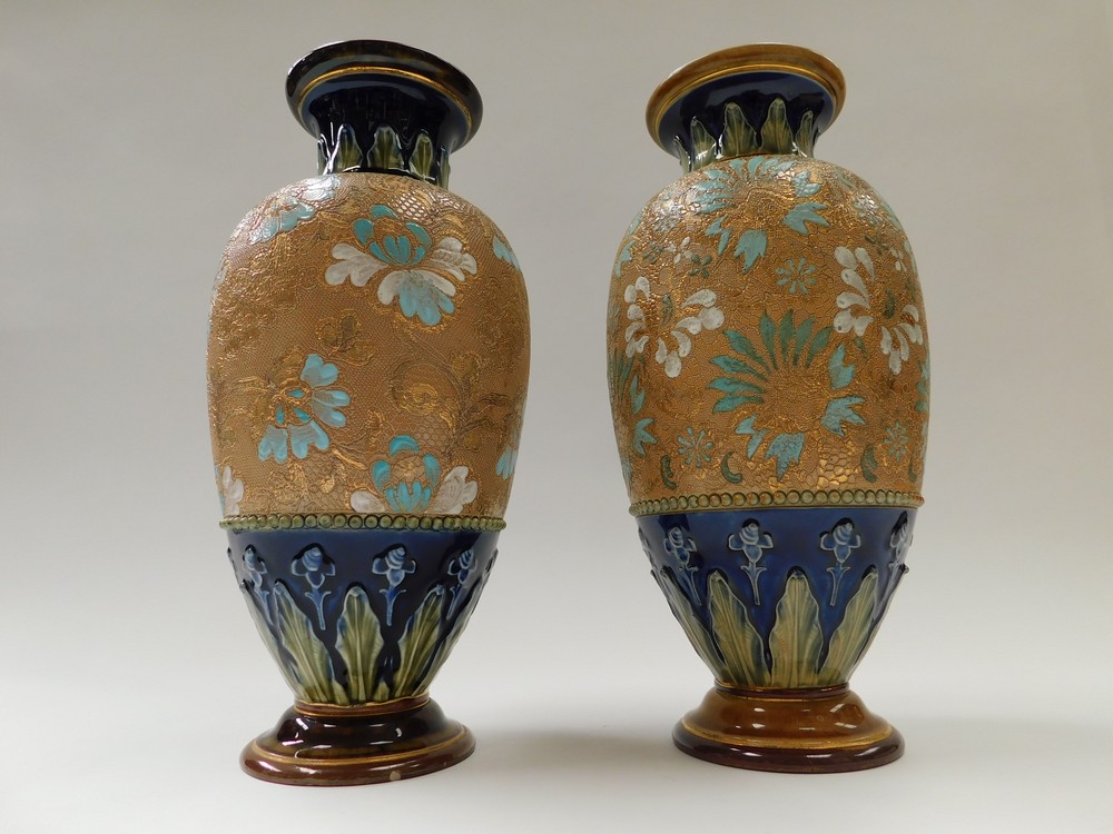 Two Doulton Lambeth and Slaters stoneware vases, of ovoid form, enamelled with turquoise and white - Image 4 of 5