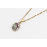 A mystic topaz and 9ct gold oval cluster pendant and chain, total gross weight approx 3gms