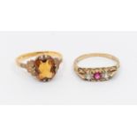 A citrine and 22ct gold ring, size N1/2, total gross weight approx 3.2gms, together with a three