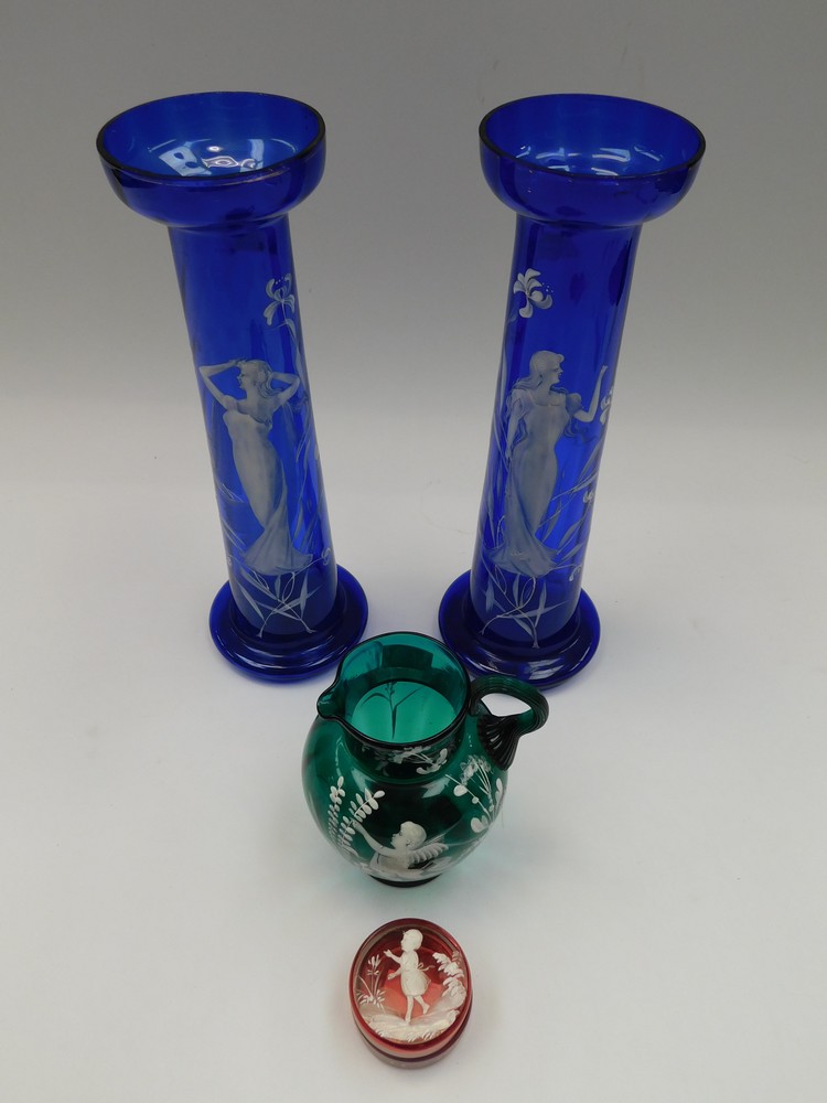 A pair of late 19th/early 20th century Mary Gregory style 'Bristol' blue enamelled vases, together - Image 2 of 4