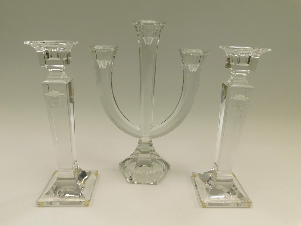 A pair of Rosenthal "Versace" range stylish 20th century candlesticks, each with frosted moulded