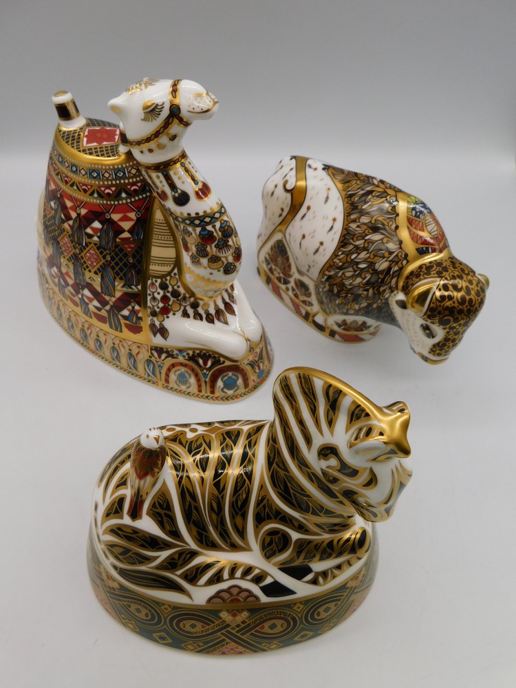 Three boxed Royal Crown Derby large gold stopper paperweights: Zebra, Camel and Bison. (3)