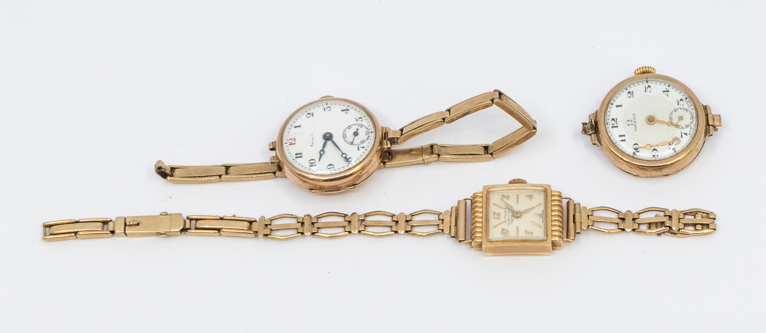 Three 9ct gold ladies wristwatches, including an Omega watch face a/f hands detached Mithran a 9ct - Image 2 of 2